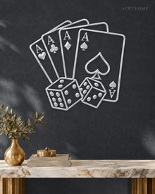 Four Aces and Dice Wall Art for Games Rooms and Home Bars in mirror silver acrylic, float-mounted on a deep graphite wall.