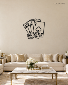 Four Aces and Dice Wall Art for Games Rooms and Home Bars in gloss piano black acrylic, float-mounted on a pale ivory wall.