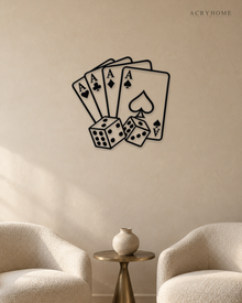 Four Aces and Dice Wall Art for Games Rooms and Home Bars in gloss piano black acrylic, float-mounted on a pale ivory wall.