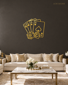 Four Aces and Dice Wall Art for Games Rooms and Home Bars in mirror gold acrylic, float-mounted on a deep charcoal wall.