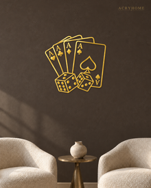 Four Aces and Dice Wall Art for Games Rooms and Home Bars in mirror gold acrylic, float-mounted on a deep charcoal wall.