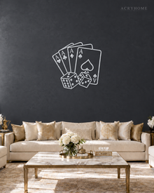 Four Aces and Dice Wall Art for Games Rooms and Home Bars in mirror silver acrylic, float-mounted on a deep graphite wall.