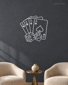 Four Aces and Dice Wall Art for Games Rooms and Home Bars in mirror silver acrylic, float-mounted on a deep graphite wall.