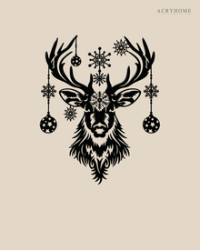 Stag Head Christmas Wall Art with Hanging Baubles and Snowflakes in gloss piano black acrylic, float-mounted on a pale ivory wall.
