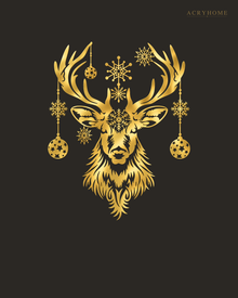 Stag Head Christmas Wall Art with Hanging Baubles and Snowflakes in mirror gold acrylic, float-mounted on a deep charcoal wall.