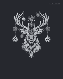Stag Head Christmas Wall Art with Hanging Baubles and Snowflakes in mirror silver acrylic, float-mounted on a deep graphite wall.