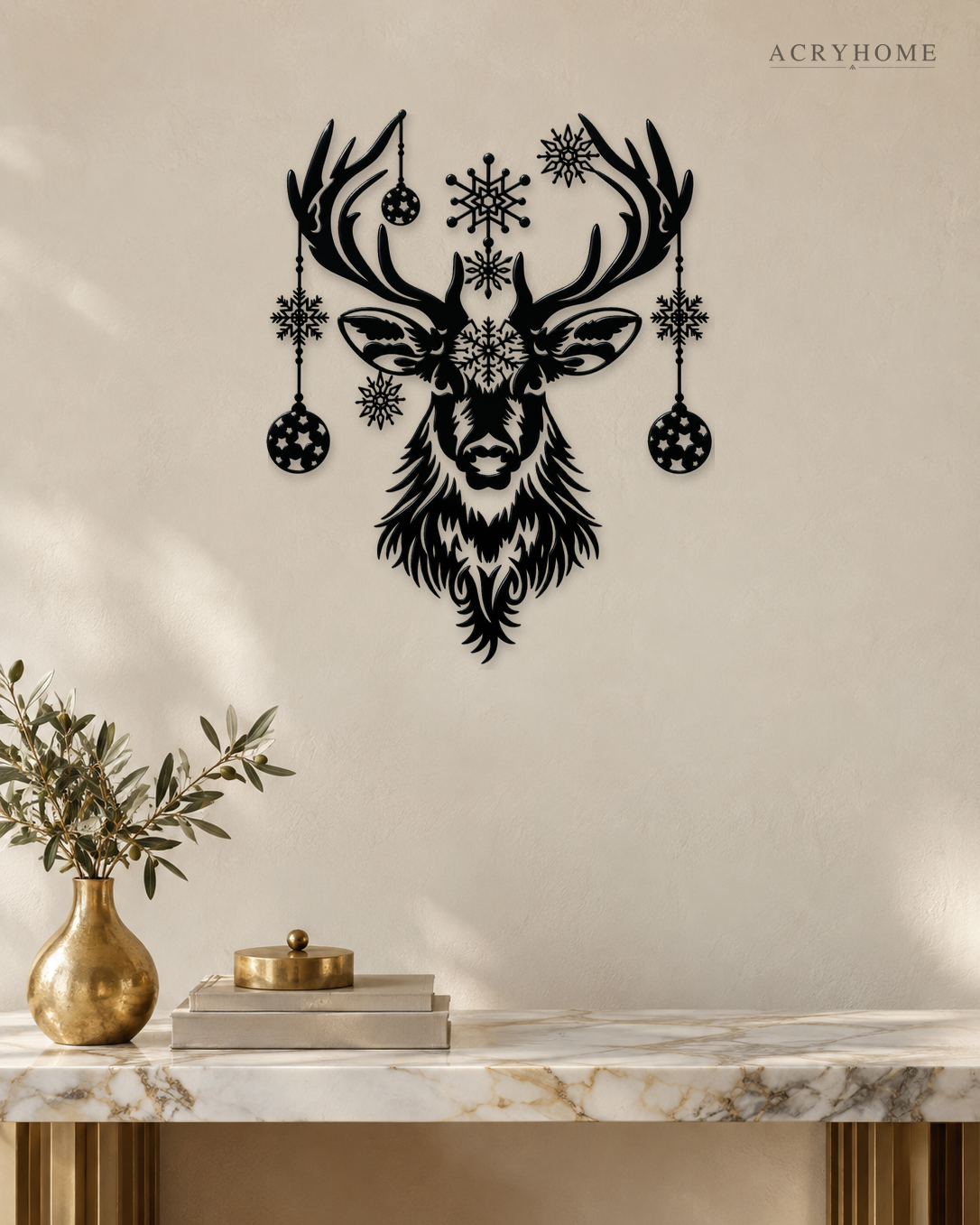 Stag Head Christmas Wall Art with Hanging Baubles and Snowflakes in gloss piano black acrylic, float-mounted on a pale ivory wall.
