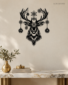 Stag Head Christmas Wall Art with Hanging Baubles and Snowflakes in gloss piano black acrylic, float-mounted on a pale ivory wall.