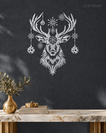 Stag Head Christmas Wall Art with Hanging Baubles and Snowflakes in mirror silver acrylic, float-mounted on a deep graphite wall.