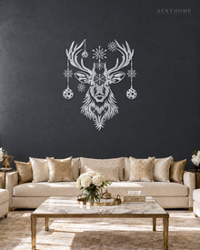 Stag Head Christmas Wall Art with Hanging Baubles and Snowflakes in mirror silver acrylic, float-mounted on a deep graphite wall.