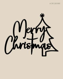 Merry Christmas Script Wall Sign with Outline Tree in gloss piano black acrylic, float-mounted on a pale ivory wall.