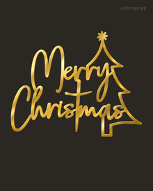 Merry Christmas Script Wall Sign with Outline Tree in mirror gold acrylic, float-mounted on a deep charcoal wall.