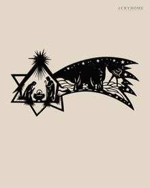 Nativity Scene Wall Art with a Sweeping Comet Star in gloss piano black acrylic, float-mounted on a pale ivory wall.