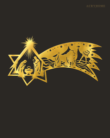 Nativity Scene Wall Art with a Sweeping Comet Star in mirror gold acrylic, float-mounted on a deep charcoal wall.