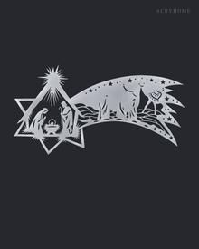 Nativity Scene Wall Art with a Sweeping Comet Star in mirror silver acrylic, float-mounted on a deep graphite wall.