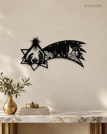 Nativity Scene Wall Art with a Sweeping Comet Star in gloss piano black acrylic, float-mounted on a pale ivory wall.