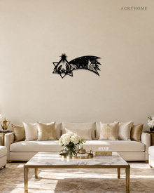Nativity Scene Wall Art with a Sweeping Comet Star in gloss piano black acrylic, float-mounted on a pale ivory wall.