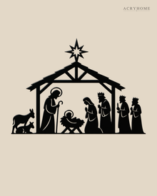 Nativity Stable Wall Art with Star, Kings and Animals in gloss piano black acrylic, float-mounted on a pale ivory wall.