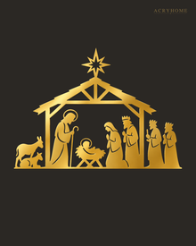 Nativity Stable Wall Art with Star, Kings and Animals in mirror gold acrylic, float-mounted on a deep charcoal wall.