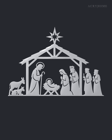 Nativity Stable Wall Art with Star, Kings and Animals in mirror silver acrylic, float-mounted on a deep graphite wall.