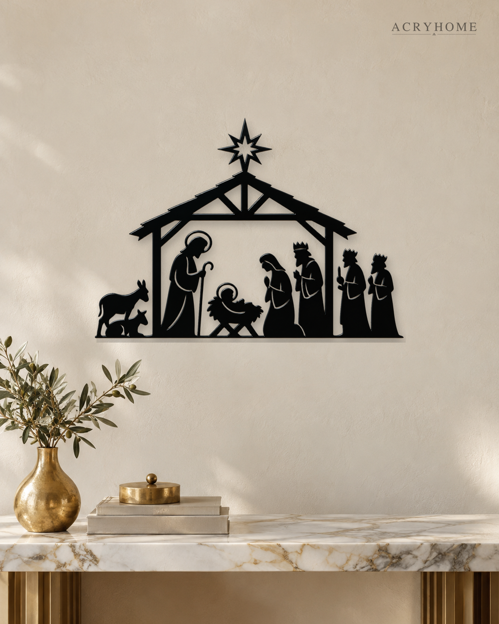 Nativity Stable Wall Art with Star, Kings and Animals in gloss piano black acrylic, float-mounted on a pale ivory wall.