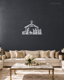 Nativity Stable Wall Art with Star, Kings and Animals in mirror silver acrylic, float-mounted on a deep graphite wall.