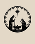 Round Nativity scene wall art in gloss piano black acrylic — Mary, Joseph and the manger beneath the star, ringed by a pine and snowflake wreath, float-mounted on a pale wall.