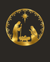 Round Nativity scene wall art in mirror gold acrylic — Mary, Joseph and the manger beneath the star, ringed by a pine and snowflake wreath, float-mounted on a pale wall.