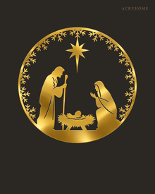 Round Nativity scene wall art in mirror gold acrylic — Mary, Joseph and the manger beneath the star, ringed by a pine and snowflake wreath, float-mounted on a pale wall.