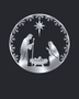 Round Nativity scene wall art in mirror chrome silver acrylic — Mary, Joseph and the manger beneath the star, ringed by a pine and snowflake wreath, float-mounted on a pale wall.