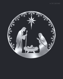 Round Nativity scene wall art in mirror silver acrylic — Mary, Joseph and the manger beneath the star, ringed by a pine and snowflake wreath, float-mounted on a pale wall.