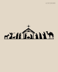 Wide Nativity Procession Wall Art with Camel and Angel in gloss piano black acrylic, float-mounted on a pale ivory wall.