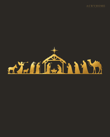 Wide Nativity Procession Wall Art with Camel and Angel in mirror gold acrylic, float-mounted on a deep charcoal wall.