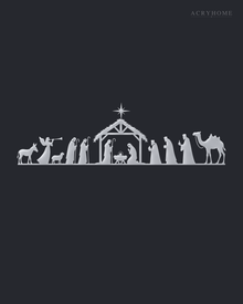 Wide Nativity Procession Wall Art with Camel and Angel in mirror silver acrylic, float-mounted on a deep graphite wall.