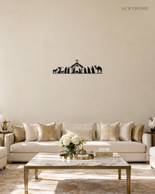 Wide Nativity Procession Wall Art with Camel and Angel in gloss piano black acrylic, float-mounted on a pale ivory wall.