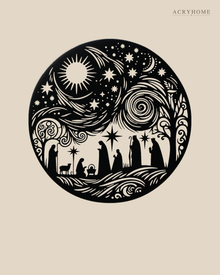Nativity Scene Circle Wall Art Christmas Panel in gloss piano black acrylic, float-mounted on a pale ivory wall.