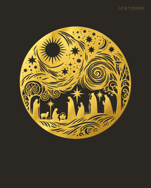 Nativity Scene Circle Wall Art Christmas Panel in mirror gold acrylic, float-mounted on a deep charcoal wall.