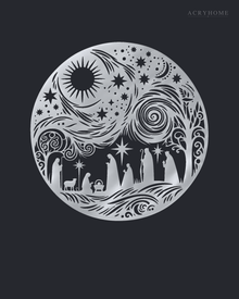 Nativity Scene Circle Wall Art Christmas Panel in mirror silver acrylic, float-mounted on a deep graphite wall.