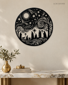Nativity Scene Circle Wall Art Christmas Panel in gloss piano black acrylic, float-mounted on a pale ivory wall.