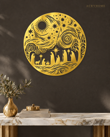 Nativity Scene Circle Wall Art Christmas Panel in mirror gold acrylic, float-mounted on a deep charcoal wall.
