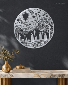Nativity Scene Circle Wall Art Christmas Panel in mirror silver acrylic, float-mounted on a deep graphite wall.