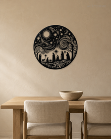 Nativity Scene Circle Wall Art Christmas Panel in gloss piano black acrylic, float-mounted on a pale ivory wall.