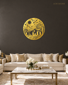 Nativity Scene Circle Wall Art Christmas Panel in mirror gold acrylic, float-mounted on a deep charcoal wall.