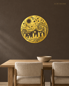 Nativity Scene Circle Wall Art Christmas Panel in mirror gold acrylic, float-mounted on a deep charcoal wall.
