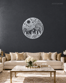 Nativity Scene Circle Wall Art Christmas Panel in mirror silver acrylic, float-mounted on a deep graphite wall.