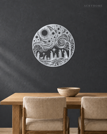 Nativity Scene Circle Wall Art Christmas Panel in mirror silver acrylic, float-mounted on a deep graphite wall.