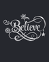 Believe in ornate flowing script with snowflake and flourish detail, laser-cut from mirror silver chrome acrylic and float-mounted over a mantel.