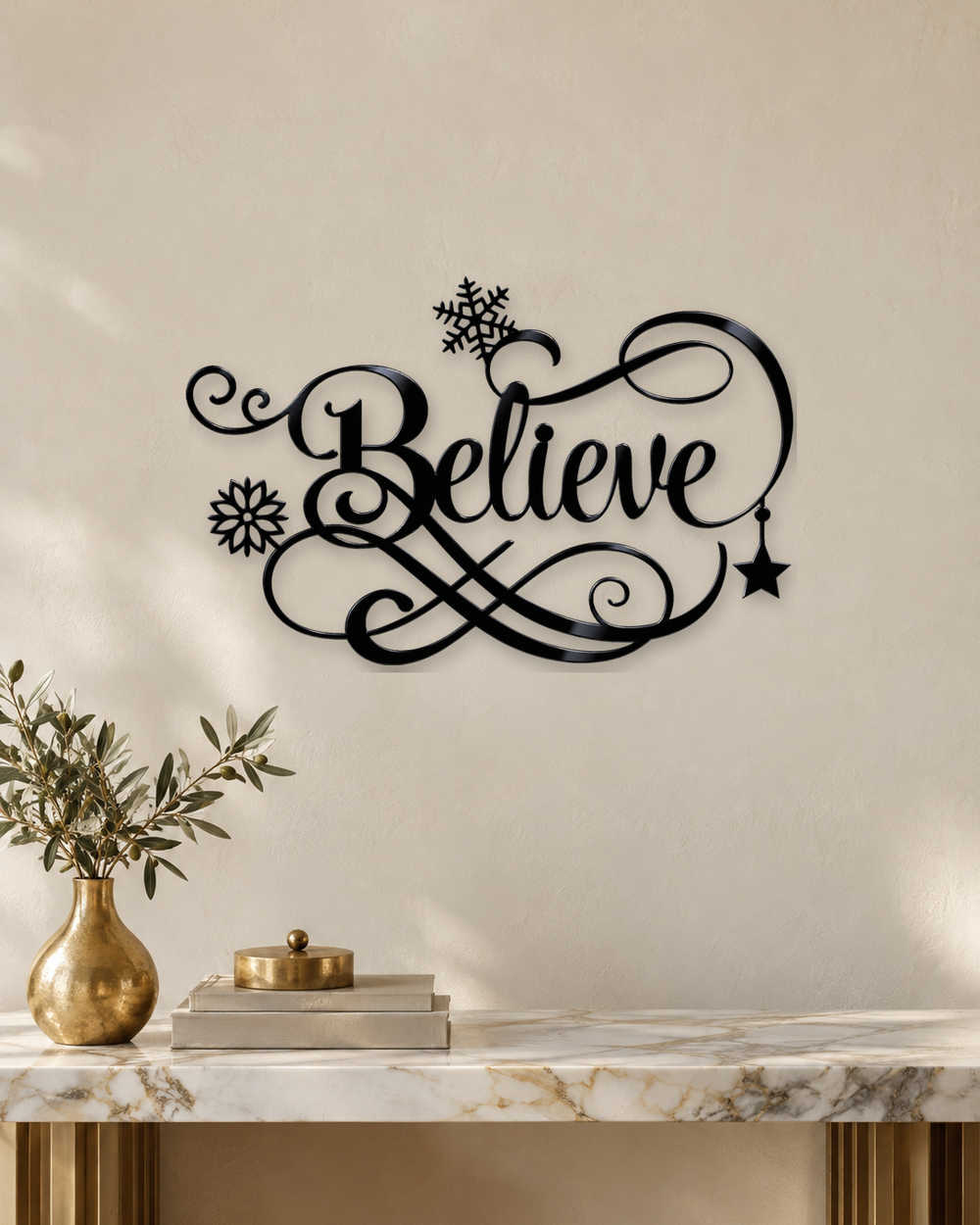 Believe in ornate flowing script with snowflake and flourish detail, laser-cut from gloss piano black acrylic and float-mounted above a console table.