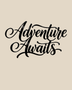 Adventure Awaits brush script wall art in gloss piano black acrylic, float-mounted above a console table on a pale plaster wall