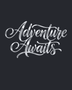 Adventure Awaits brush script wall art in mirror silver chrome acrylic, float-mounted on a light wall above a desk